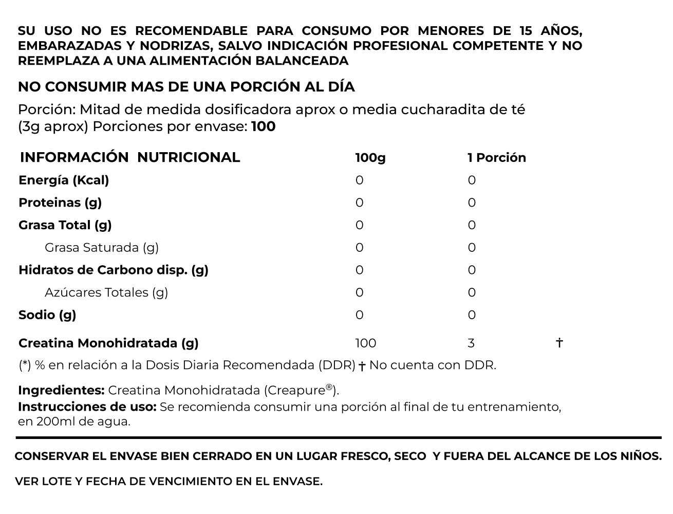 Creatina Creapure, 300g. Sin sabor